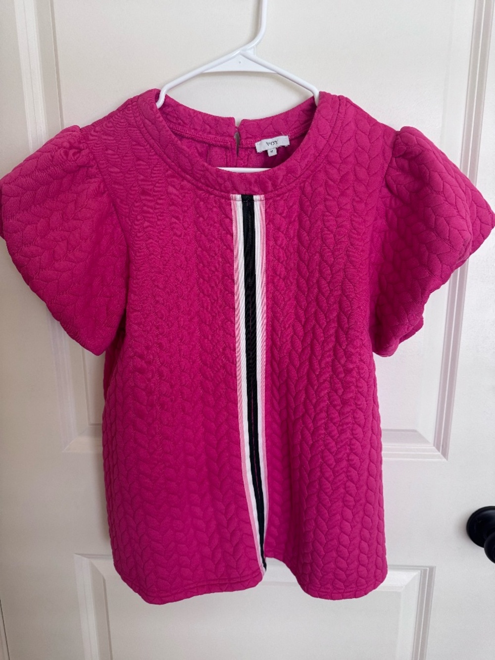 Vignette Bright Pink Quilted Short-Sleeve Blouse with Front Trim